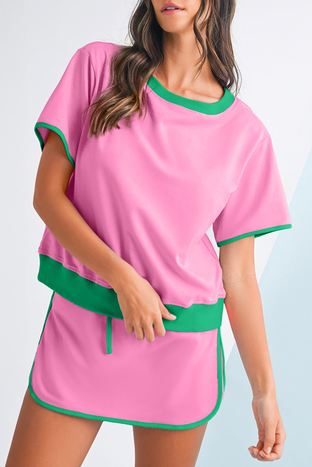 Bonbon Colorblock Edge Drop Shoulder T Shirt and Skort Set