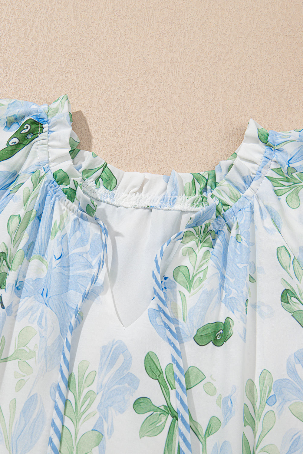 Sky Blue Floral Contrast Edge Ruffle Sleeve Tie Neck Mini Dress