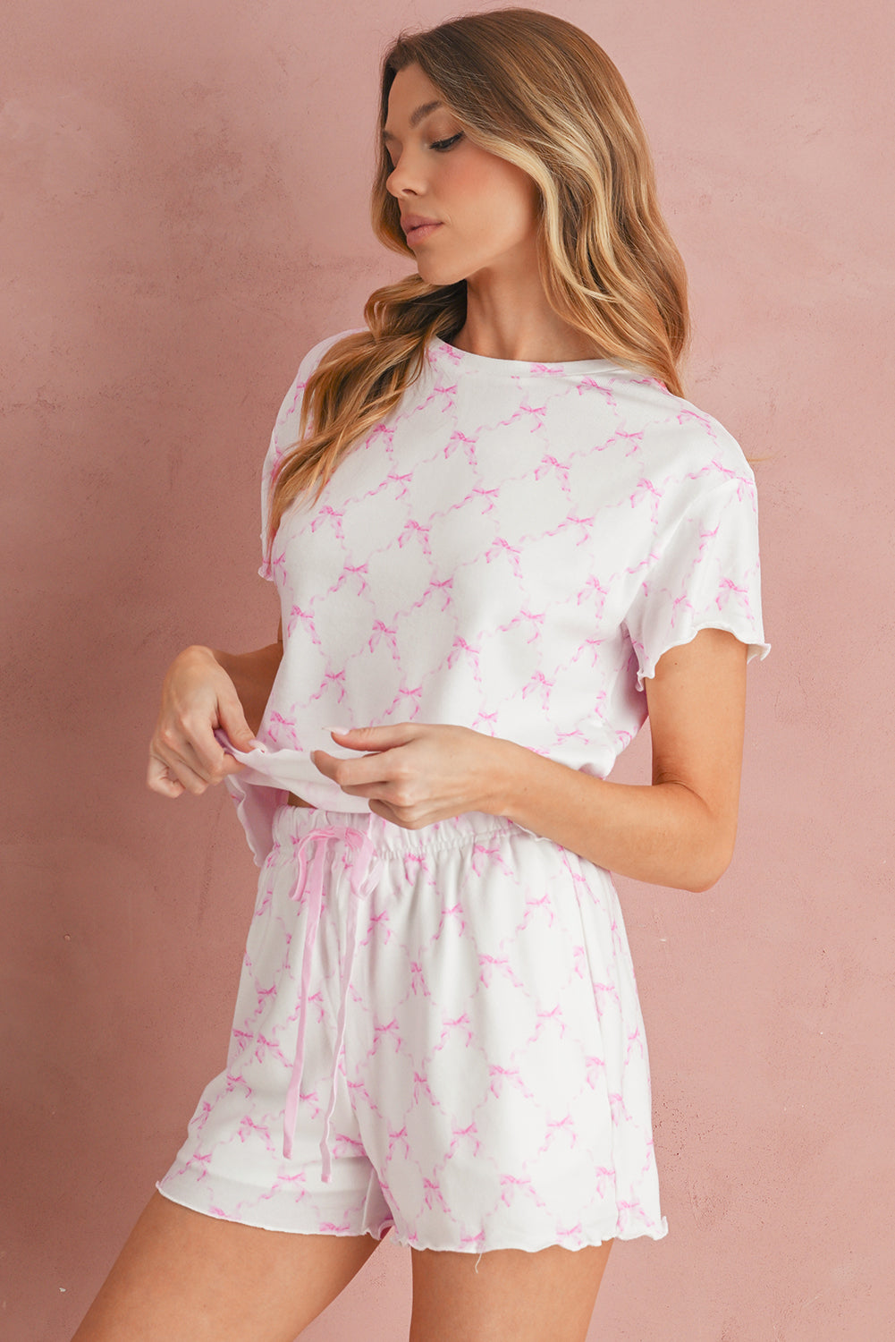 Pink Bowknot Print Lettuce Trim Two Piece Pajama Set