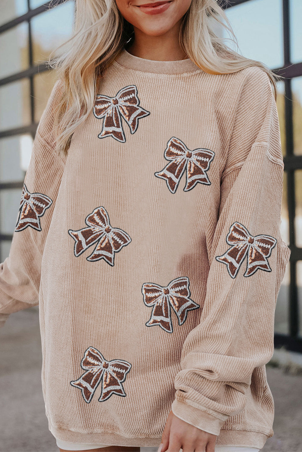 Apricot Game Day Bow Sequins Patch Corded Oversized Sweatshirt
