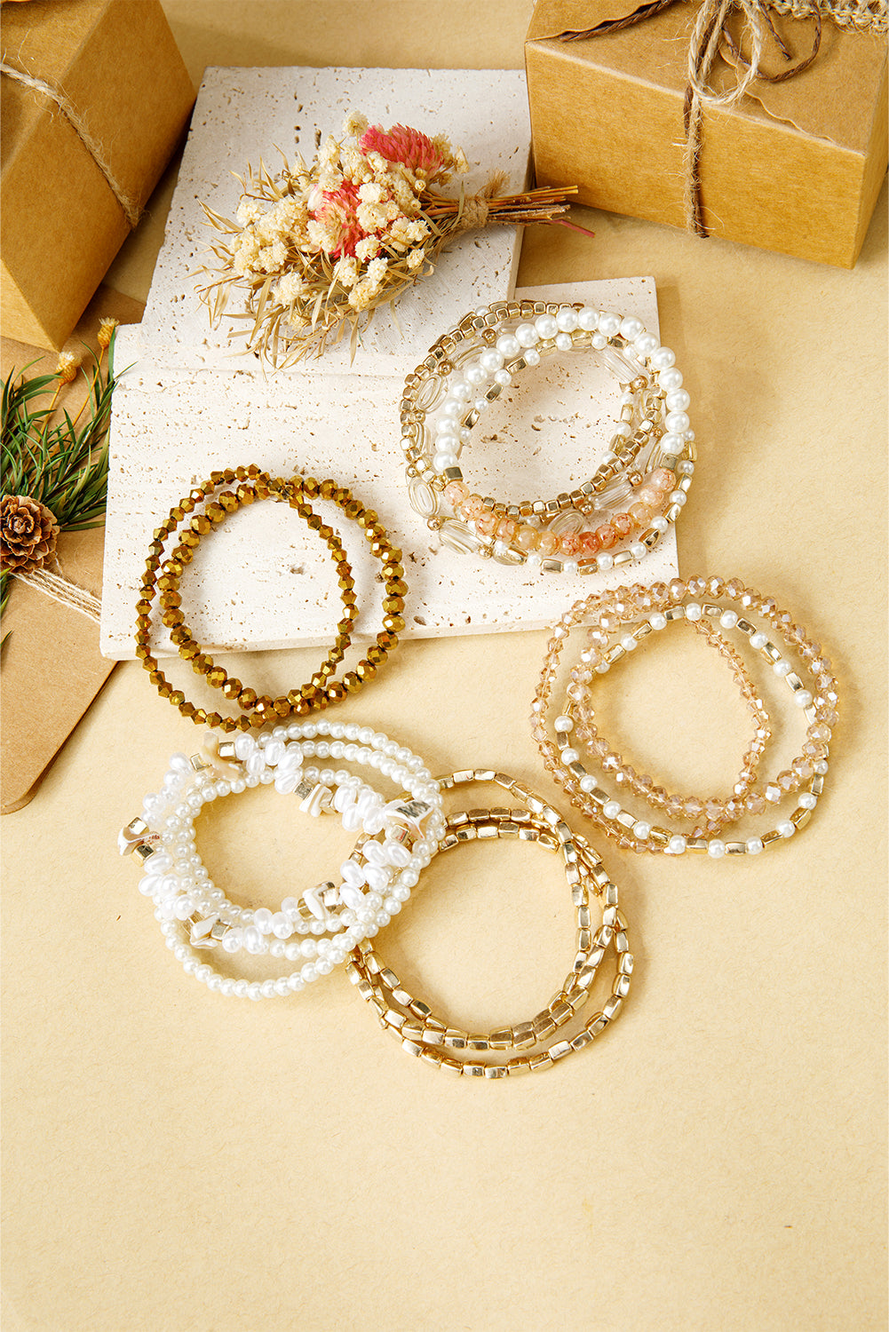 Gold 17pcs Baroque Style Pearl Crystal Beads Multi Layer Bracelet Set