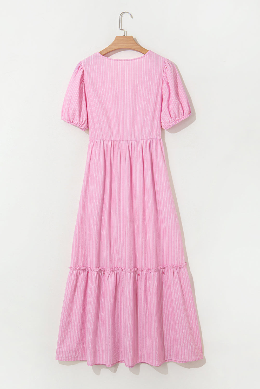 Pink Striped V Neck Puff Sleeve Frill Tiered Maxi Dress