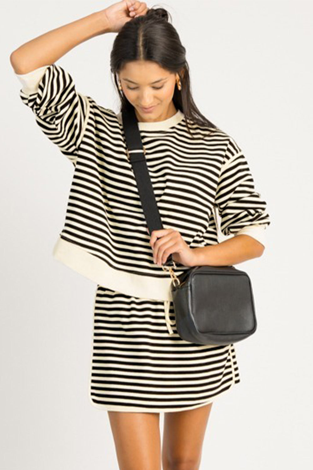 Black Stripe Textured Drop Shoulder Pullover Top Drawstring Mini Skort Two Piece Dress Set