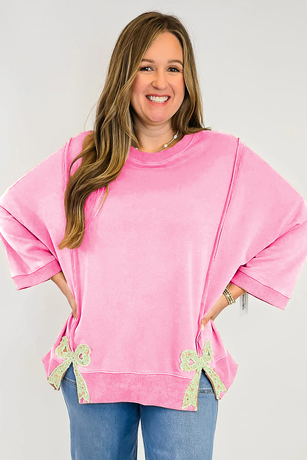 Pink Floral Bow Patched Exposed Seam Patchwork Slit Baggy Sweatshirt