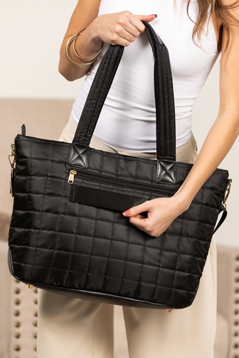Black Quilted Patchwork Large Tote Bag and Clutch 2pcs Set