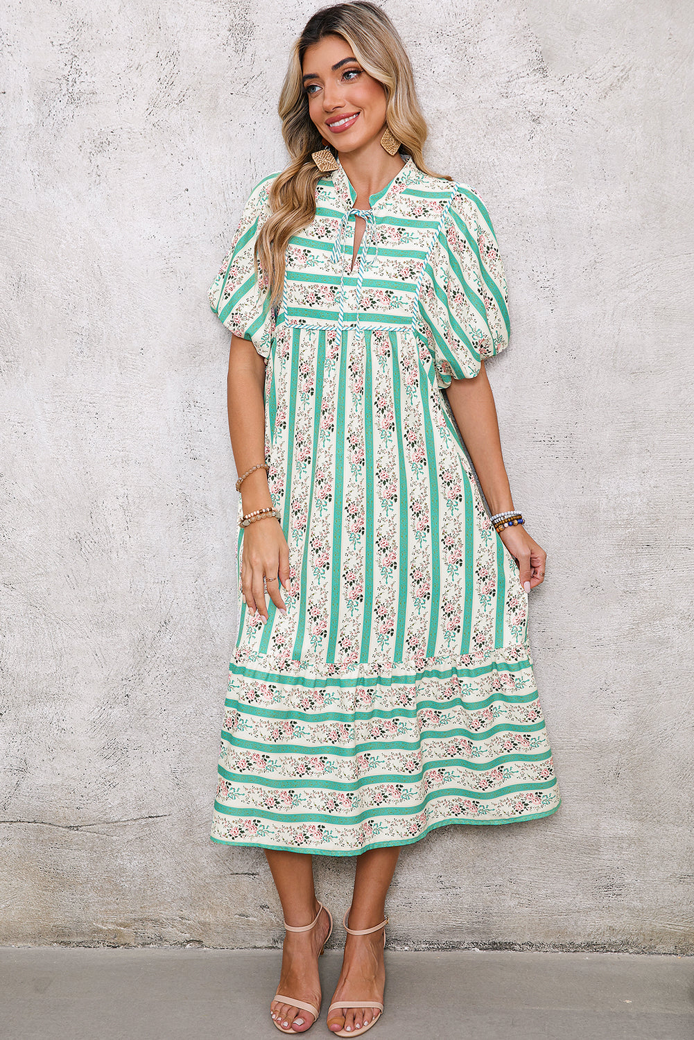 Multicolor Boho Floral Striped Tie V Neck Long Dress