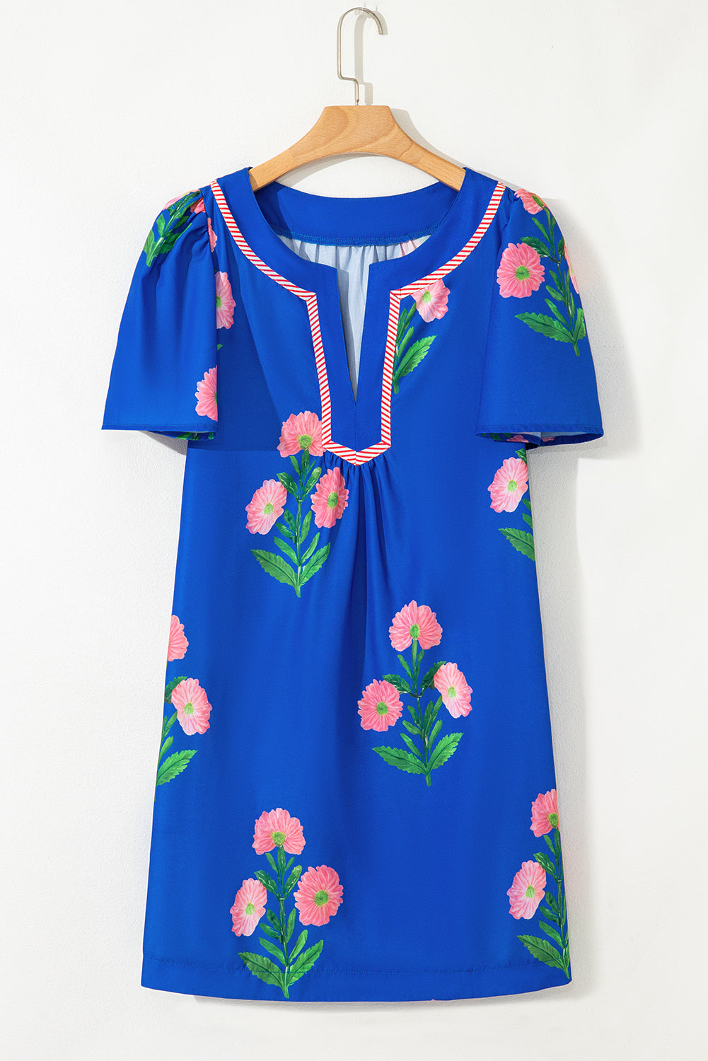 Blue Striped Trim Short Sleeve Split Neck Floral Mini Dress