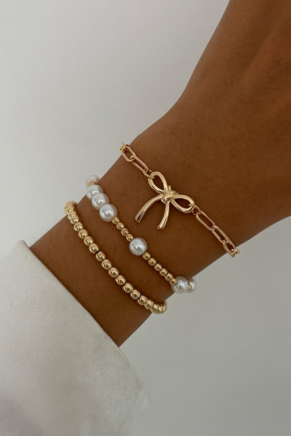 Gold Bow Pearl Decor Beaded Bracelet Set