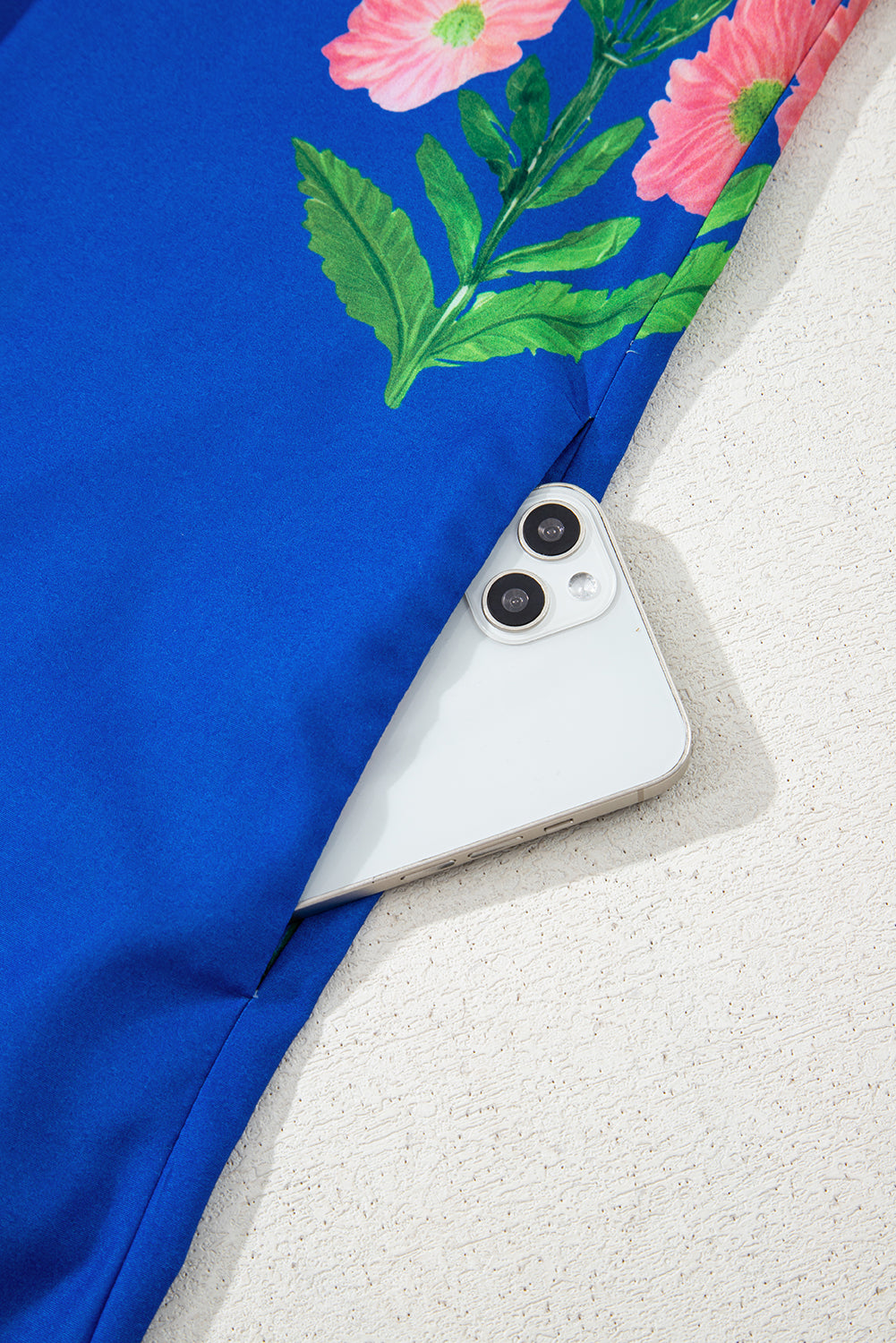 Blue Striped Trim Short Sleeve Split Neck Floral Mini Dress