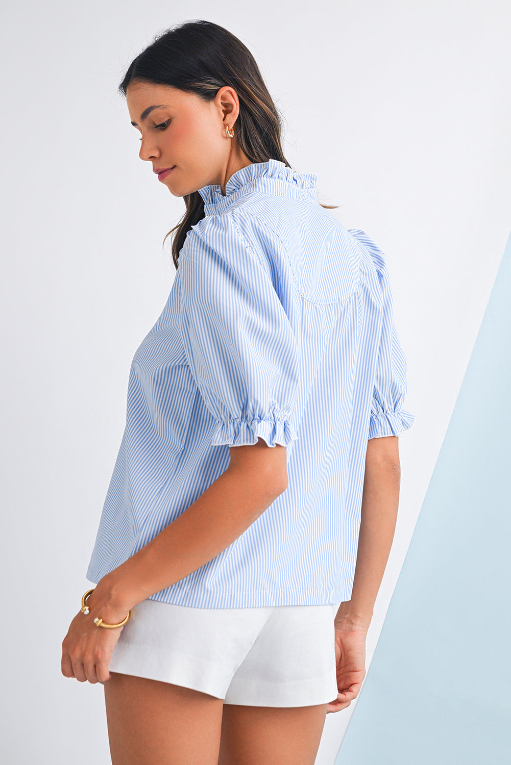 Sky Blue Striped Frill Neck Puff Sleeve Blouse