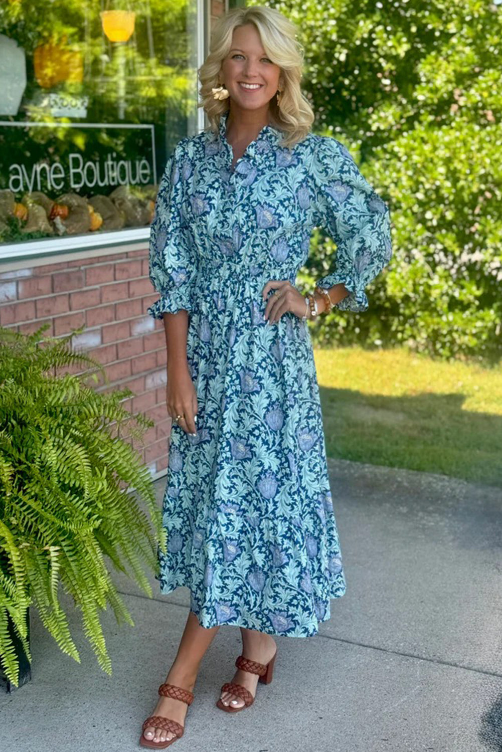 Sky Blue Floral Printed Frilled V Neck Bracelet Sleeve Long Dress