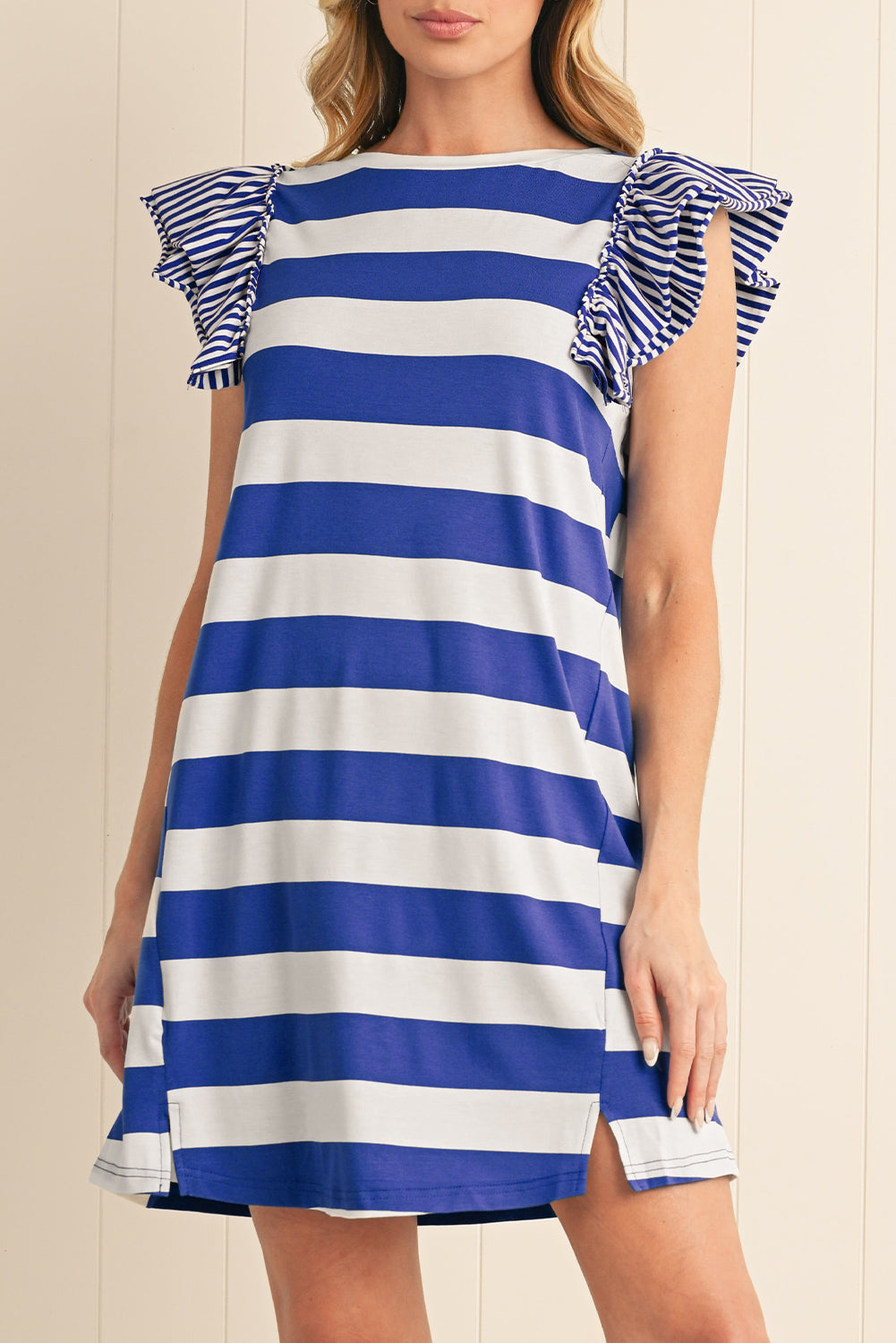 Sky Blue Stripe Ruffle Sleeve T Shirt Dress