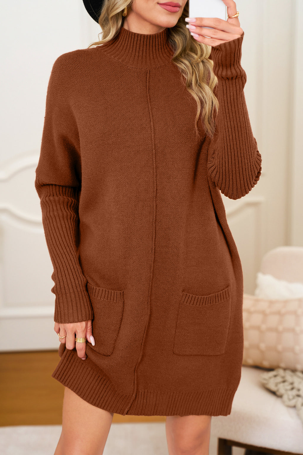 Chestnut Ribbed High Neck Front Pockets Center Seam Shift Sweater Dress