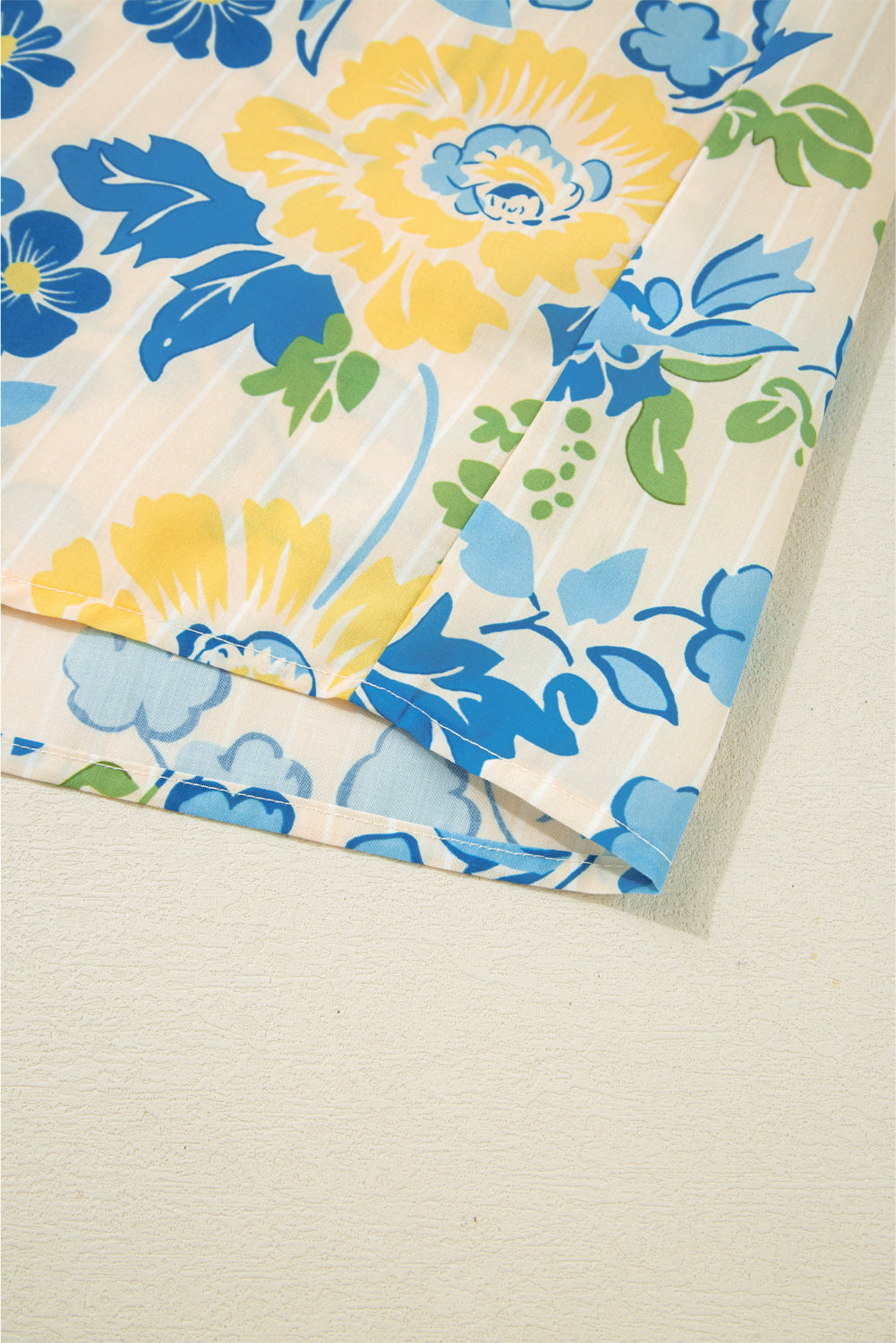 Blue Floral Striped Mixed Print Puff Sleeve Blouse