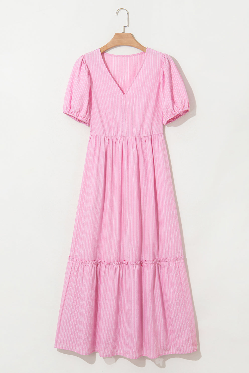 Pink Striped V Neck Puff Sleeve Frill Tiered Maxi Dress