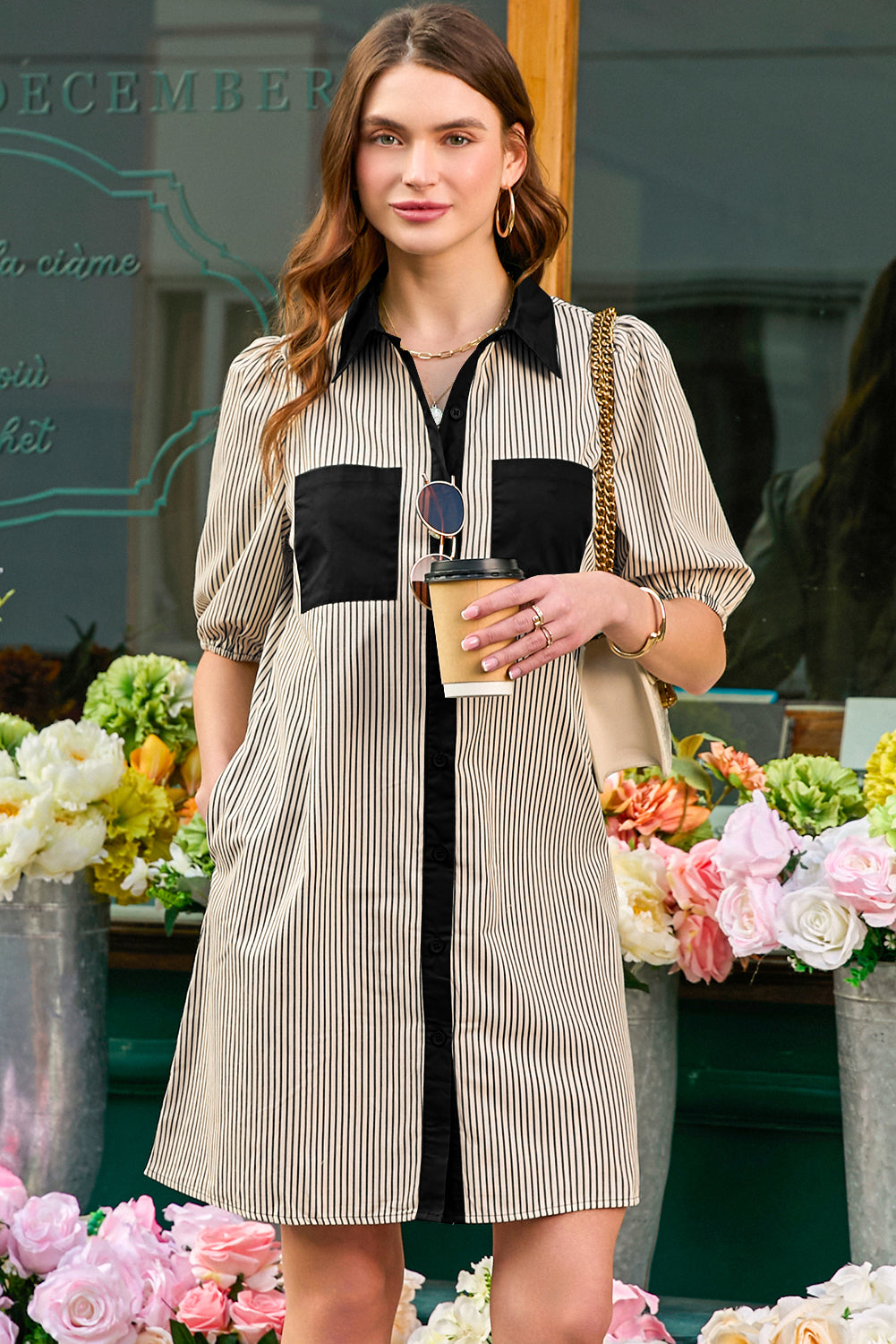 Rose Stripe Color Block Patchwork Shirt Collar Button Down Puff Sleeve Mini Dress