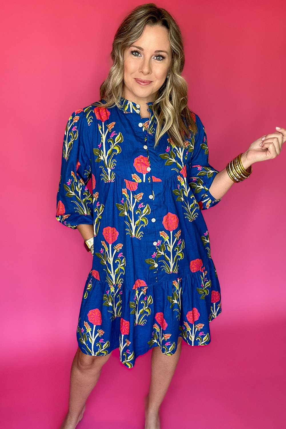 Blue Floral Print Button Front 3/4 Puff Sleeve Ruffle Hem Dress