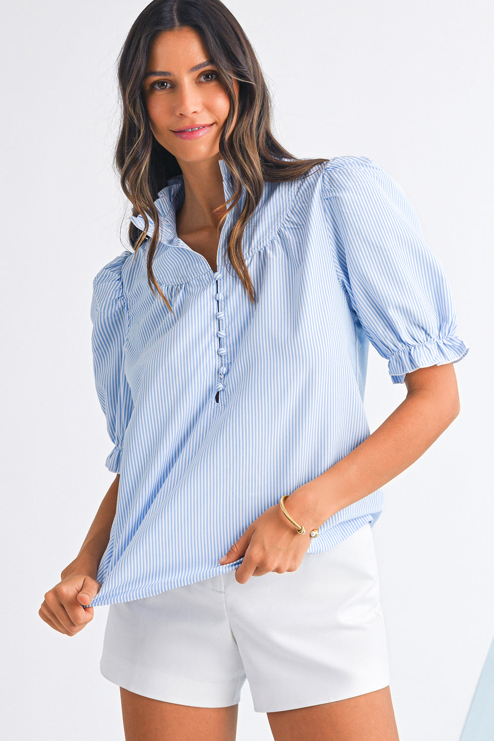 Sky Blue Striped Frill Neck Puff Sleeve Blouse