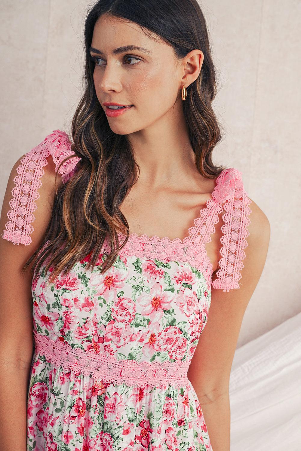 Pink Floral Lace Tied Strap Empire Waist Maxi Dress